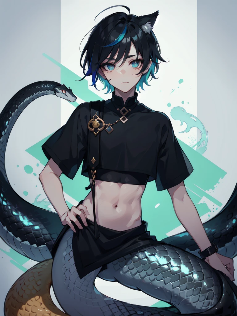 1 boy,more details in eyes,cute,looking at viewer, adorabel boy,cute face,handsome,young,juvenile,((masterpiece:1.4,best quality)),multiple details,colorful hair,eyeshadow, lamia, snake tail, emo, crop top, black snake tail, fox ears