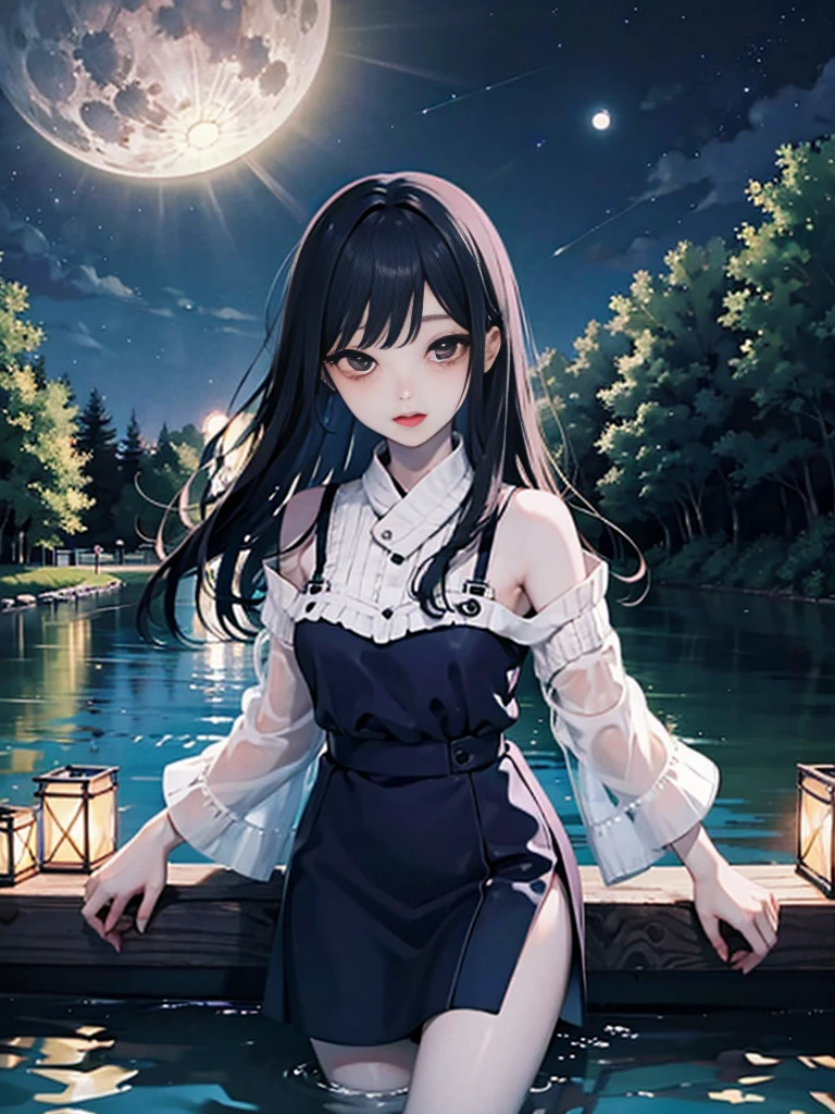 Mädchen auf dem Wasser、unter dem Vollmond、Nacht