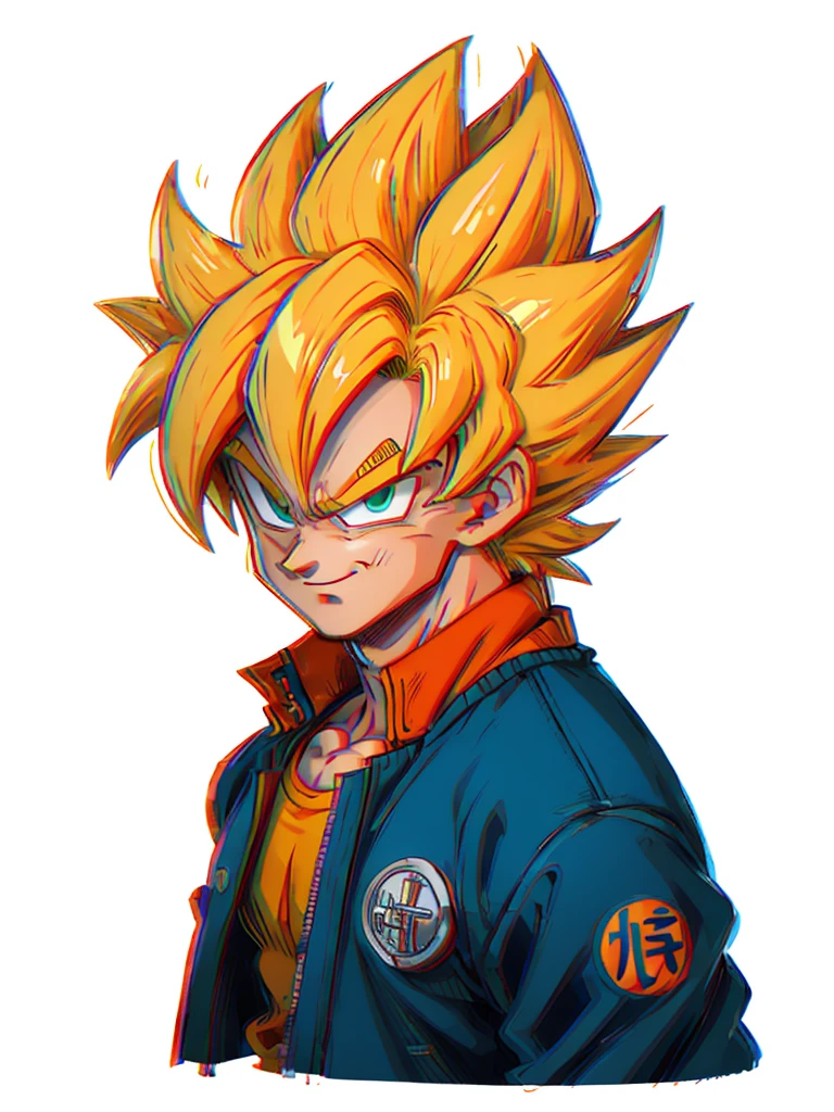 1 hombre, solo, (obra maestra), mejor calidad, ultra detallado, hijo goku de dragon ball z, Cabello Súper Saiyajin, Cabello amarillo, Estilo retro, cuerpo completo. tela de moda, Chaqueta azul, camisa naranja, elegante, Retrato, Parte superior del cuerpo, Detalle de la cara, detalle de ojos: 1.3, fondo sencillo, ojos verdes, camisa naranja,(Fondo blanco)
