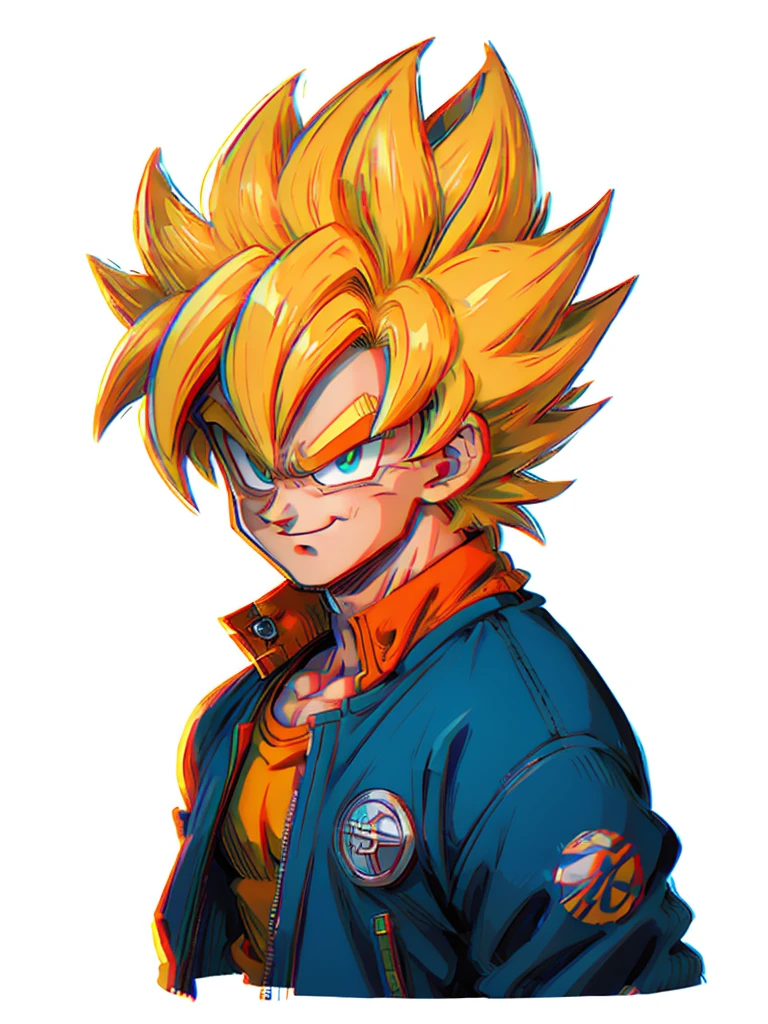 1 hombre, solo, (obra maestra), mejor calidad, ultra detallado, hijo goku de dragon ball z, Cabello Súper Saiyajin, Cabello amarillo, Estilo retro, cuerpo completo. tela de moda, Chaqueta azul, camisa naranja, elegante, Retrato, Parte superior del cuerpo, Detalle de la cara, detalle de ojos: 1.3, fondo sencillo, ojos verdes, camisa naranja,(Fondo blanco)
