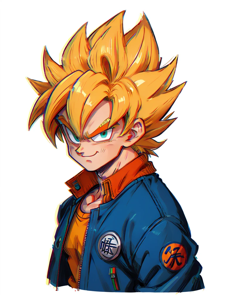 1 hombre, solo, (obra maestra), mejor calidad, ultra detallado, hijo goku de dragon ball z, Cabello Súper Saiyajin, Cabello amarillo, Estilo retro, cuerpo completo. tela de moda, Chaqueta azul, camisa naranja, elegante, Retrato, Parte superior del cuerpo, Detalle de la cara, detalle de ojos: 1.3, fondo sencillo, ojos verdes, camisa naranja,(Fondo blanco)
