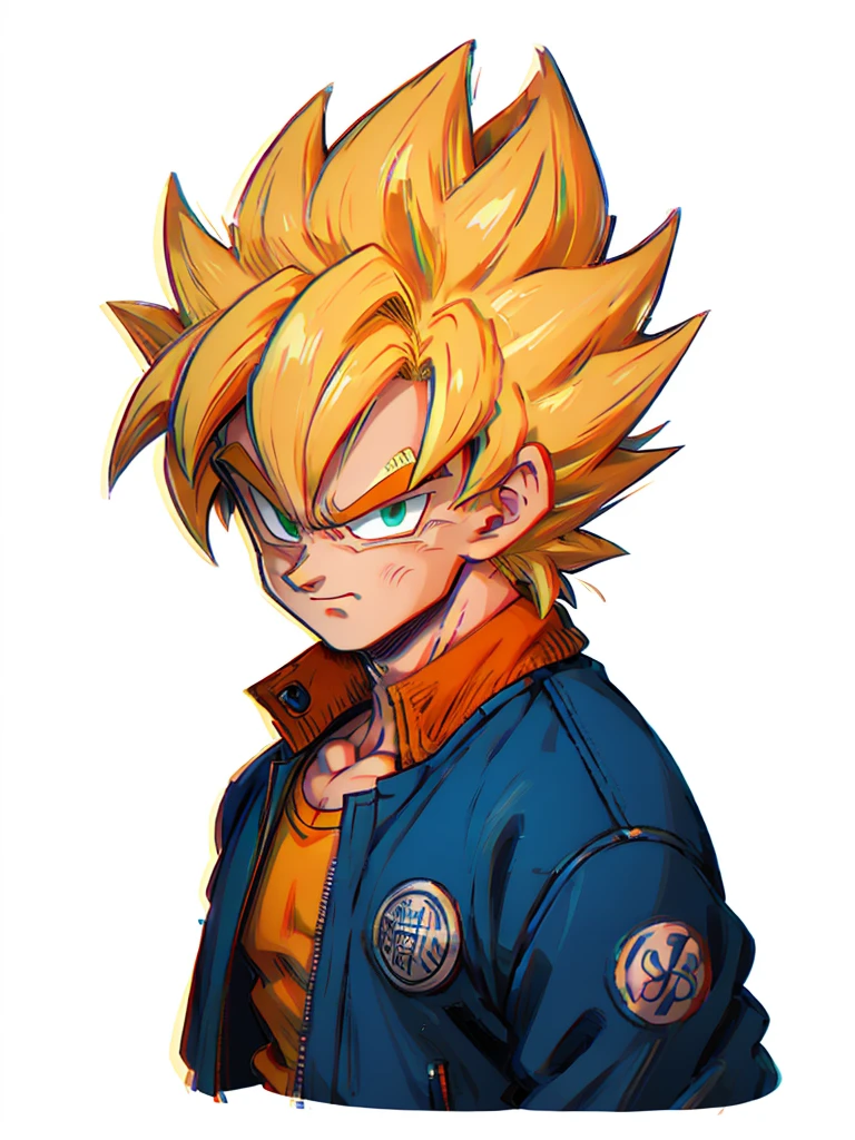 1 hombre, solo, (obra maestra), mejor calidad, ultra detallado, hijo goku de dragon ball z, Cabello Súper Saiyajin, Cabello amarillo, Estilo retro, cuerpo completo. tela de moda, Chaqueta azul, camisa naranja, elegante, Retrato, Parte superior del cuerpo, Detalle de la cara, detalle de ojos: 1.3, fondo sencillo, ojos verdes, camisa naranja,(Fondo blanco)
