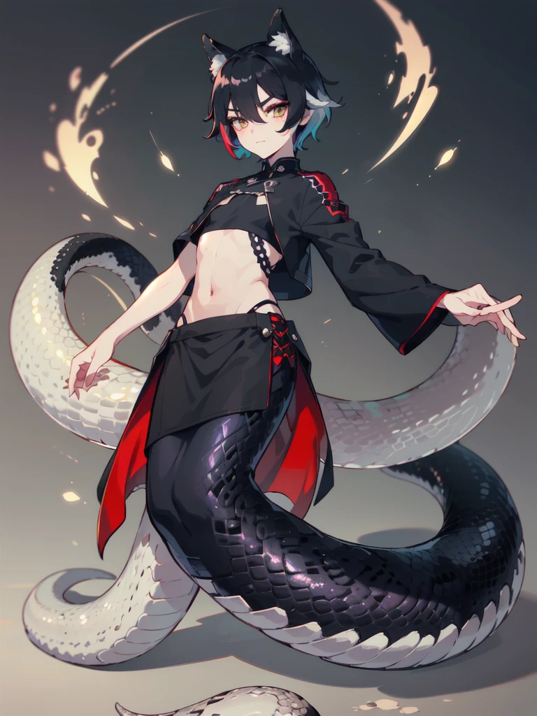 1 boy,more details in eyes,cute cute face,handsome,young,juvenile,((masterpiece:1.4,best quality)),multiple details,colorful hair,eyeshadow, lamia, snake tail, emo, crop top, black snake tail, fox ears, full body