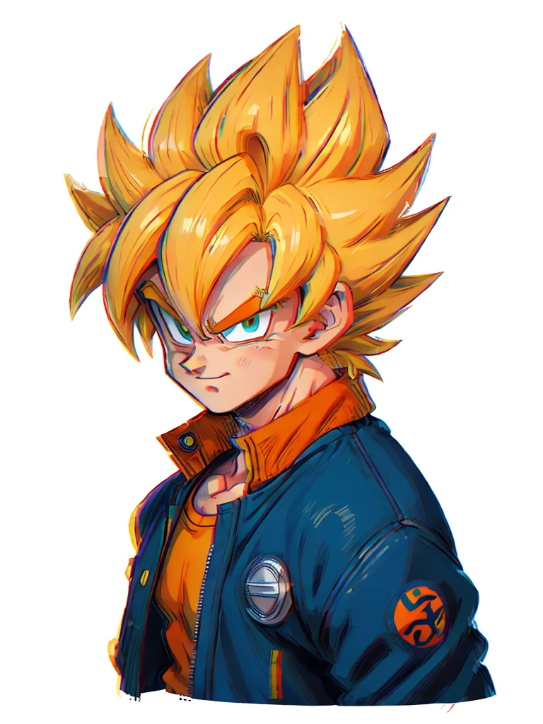 1man, solo, (masterpiece), best quality, ultra-detailed, Son Goku from Dragon Ball Z, super saiyan hair, yellow hair, Retro style, full body. fashion cloth, blue jacket, orange shirt, fancy, portrait, upper body, face detail, eyes detail: 1.3, simple background, green eyes, orange shirt,(white background)
