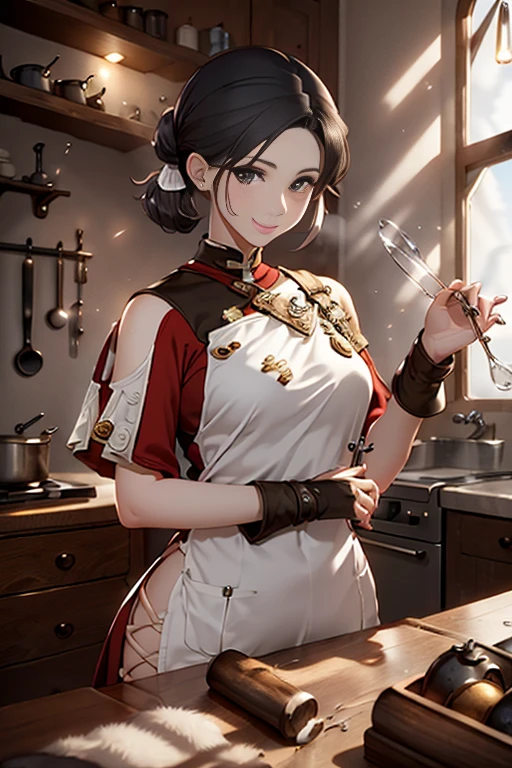 (fantasy:1.5),(anime,8k,masterpiece, top quality, best quality,beautiful and aesthetic:1.2,professional illustrasion:1.1,ultra detail:1.3,perfect lighting),extremely detailed,highest detailed,incredibly absurdres , highres, ultra detailed,intricate:1.6,(Alchemy Workshop:1.4),A girl mixing,Medicine in many small bottles,holding small potion,colorful:1.4,zentangle,(1girl),(girl),(Three kingdoms female warload),(highly detailed beautiful face and eyes,firm breasts),oily skin,(black,hair,short bob with short pony tail hair)),thin pubic hair,cute,lovely,34 years old,alchemist costume,Merchant's Clothing,smile,in the kitchen,smile,seductive smiling,(with sparkling eyes and a contagious smile), Looking at Viewer,
