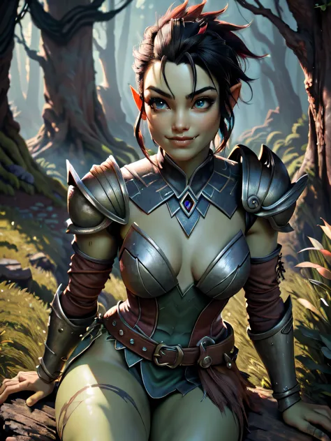 A orc woman in a red armor sitting on a grass with a sword orc girl green skin, detailed eyes, beautiful eyes, short hair, black...