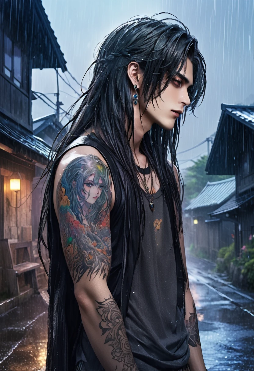 Un druide masculin d&#39;anime de 20 ans, éthéré, sensuel et démoniaque, avec des cheveux longs et des tatouages métalliques., tenant intimement et presque embrassant un homme d&#39;anime de 20 ans, anime druide démon mâle paysage de l&#39;enfer la nuit, manga inspiré de Masashi Wakui, palette de couleurs arc-en-ciel, brouillard atmosphérique, pourriture, textures usées, village fantastique détrempé par la pluie, illustration de style manga --s 150 --ar 1:2 --c 5 Supprimé de l&#39;image