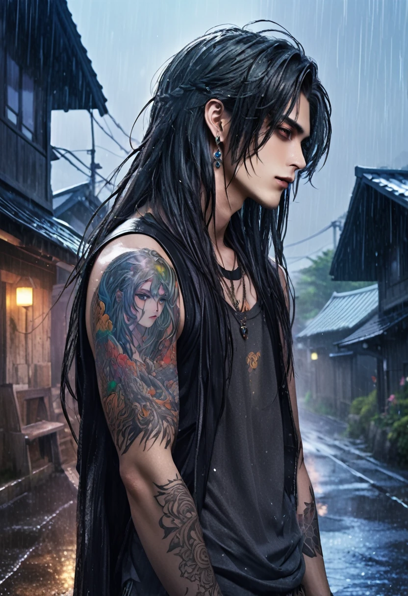 Um druida de anime etéreo, sensual, sedutor e demoníaco, de 20 anos, com cabelos longos metálicos e tatuagens, segurando intimamente e quase beijando um garoto de anime de 20 anos, anime druida demônio masculino paisagem infernal à noite, mangá inspirado em Masashi Wakui, Paleta de cores do arco-íris, Névoa atmosférica, decair, texturas desgastadas, vila de fantasia encharcada de chuva, ilustração estilo mangá --s 150 --ar 1:2 --c 5 removido da imagem