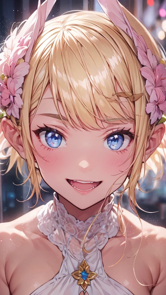 Very close、((Face close-up))、16K、masterpiece、High resolution、High resolution、1 young elven woman))、((Beautiful blonde))、short hair、((Beautiful Blue Eyes))、((Pointed Ears))、Smiling Kindly、Grin、blush、Pink Lip Gloss、((Shiny skin))、((Completely naked、Small breasts、Pink nipples、Large areola、sweating))、((Luxury hotel room at night))、look at me、