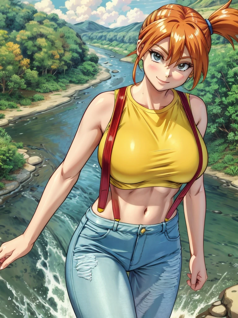 Anime-style illustrations, Adult, woman, One girl, alone, smile, View your viewers, Happy, cute, (river:1.2), Yellow Shirt, Crop top, suspenders, jeans