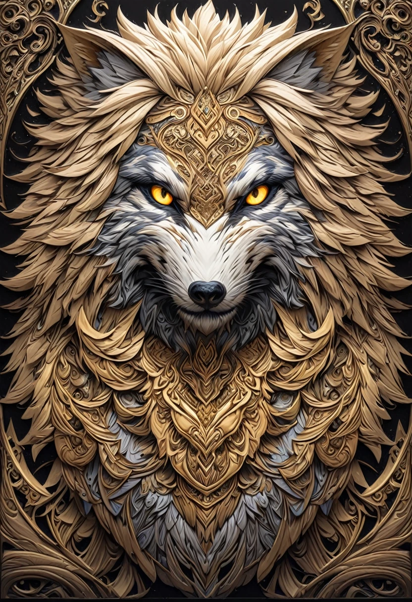 a drawing of a lobo with a flower pattern on its face, Highly detailed and hypnotic, hyper detailed lobo - like face, goldenlobo, incredibly intricate, he has yellow lobo eyes, Intricately detailed fur, lobo, Intricate artwork, Highly detailed 4k art, great lobo, Highly detailed 4k art., Highly detailed symmetry, intricate detailed 4k, wolves and their treasures