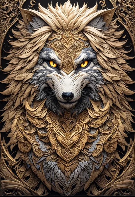 a drawing of a lobo with a flower pattern on its face, highly detailed and hypnotic, hyper detailed lobo - like face, goldenlobo...