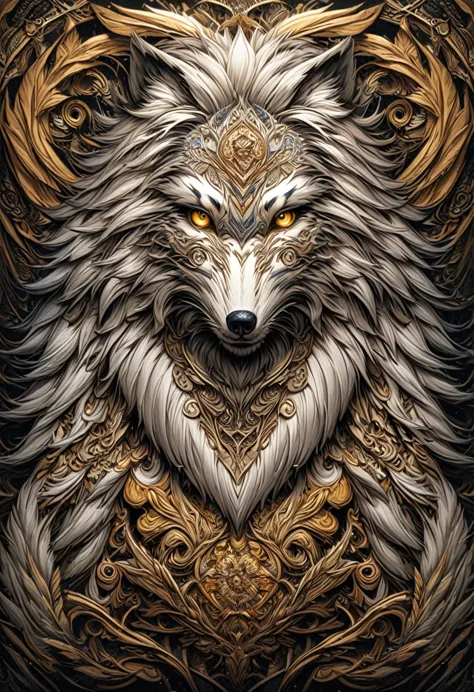 a drawing of a lobo with a flower pattern on its face, highly detailed and hypnotic, hyper detailed lobo - like face, goldenlobo...