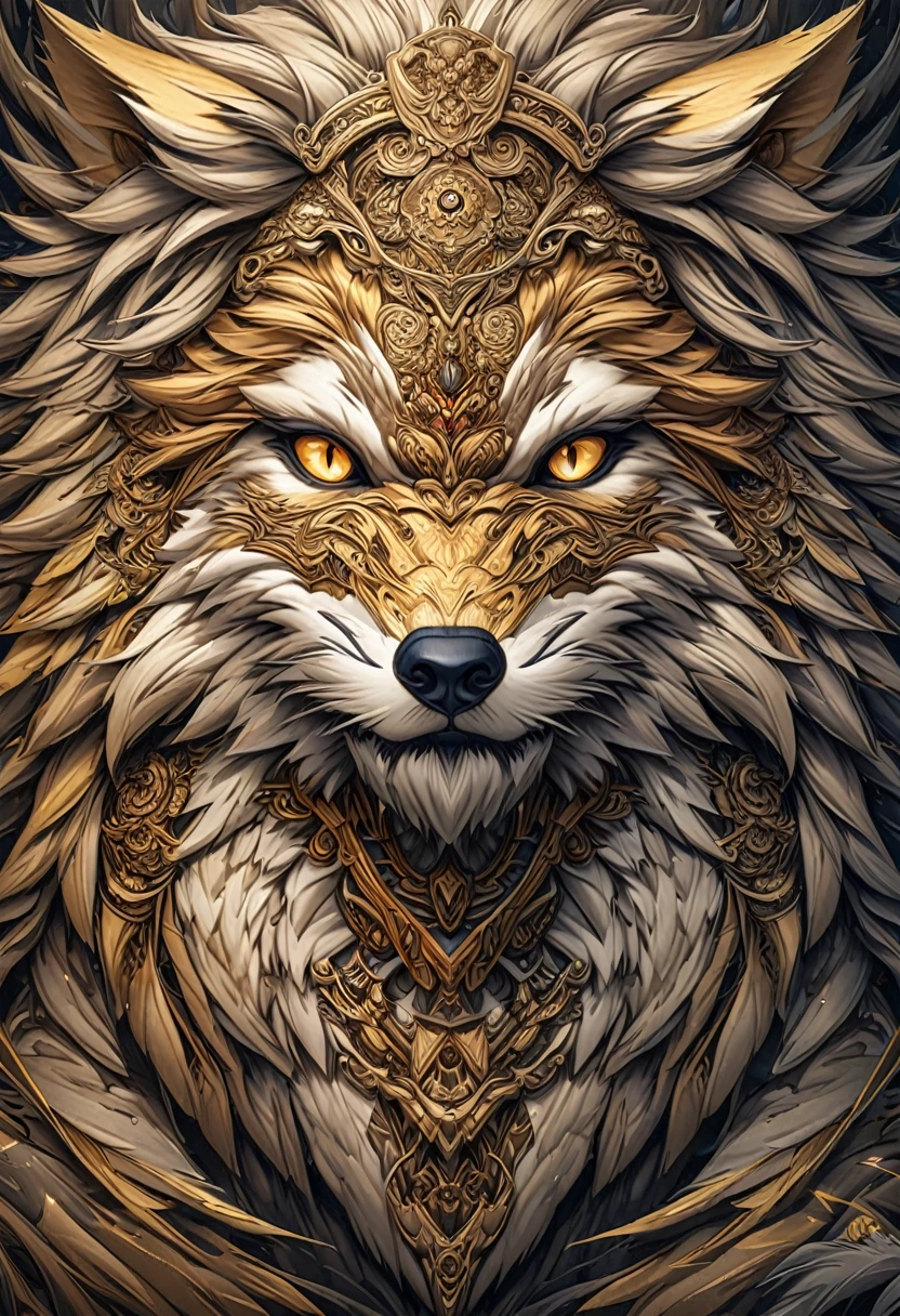 a drawing of a lobo with a flower pattern on its face, Highly detailed and hypnotic, hyper detailed lobo - like face, goldenlobo, incredibly intricate, he has yellow lobo eyes, Intricately detailed fur, lobo, Intricate artwork, Highly detailed 4k art, great lobo, Highly detailed 4k art., Highly detailed symmetry, intricate detailed 4k, wolves and their treasures