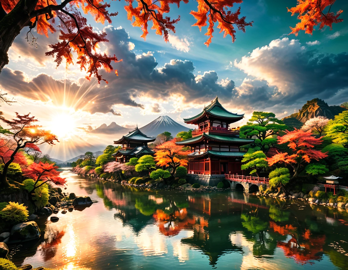 a National Geographic picture of dark Japanese medieval temple, as the sun (rises in the horizon: 1.1), it sits on the bank of a river near surrounded by cherry trees, almond trees, Japanese maple trees, (all trees in many colorful shades of green, red, pin, orange: 1.5) ((all scenery is reflected in the river: 1.5)), an epic ancient Japanese medieval temple, ancient and epic in its majestic antiquity, a sense of serenity, tranquility, divine rays, some clouds, sun rays, (highest quality:1.2, Very detailed, up to date, Vibrant, Ultra-high resolution, High Contrast, masterpiece:1.2, highest quality, Best aesthetics), best details, best quality, highres, ultra wide angle, 16k, [ultra detailed], masterpiece, best quality, (extremely detailed: 1.5), Cinematic Hollywood Film, RagingNebula