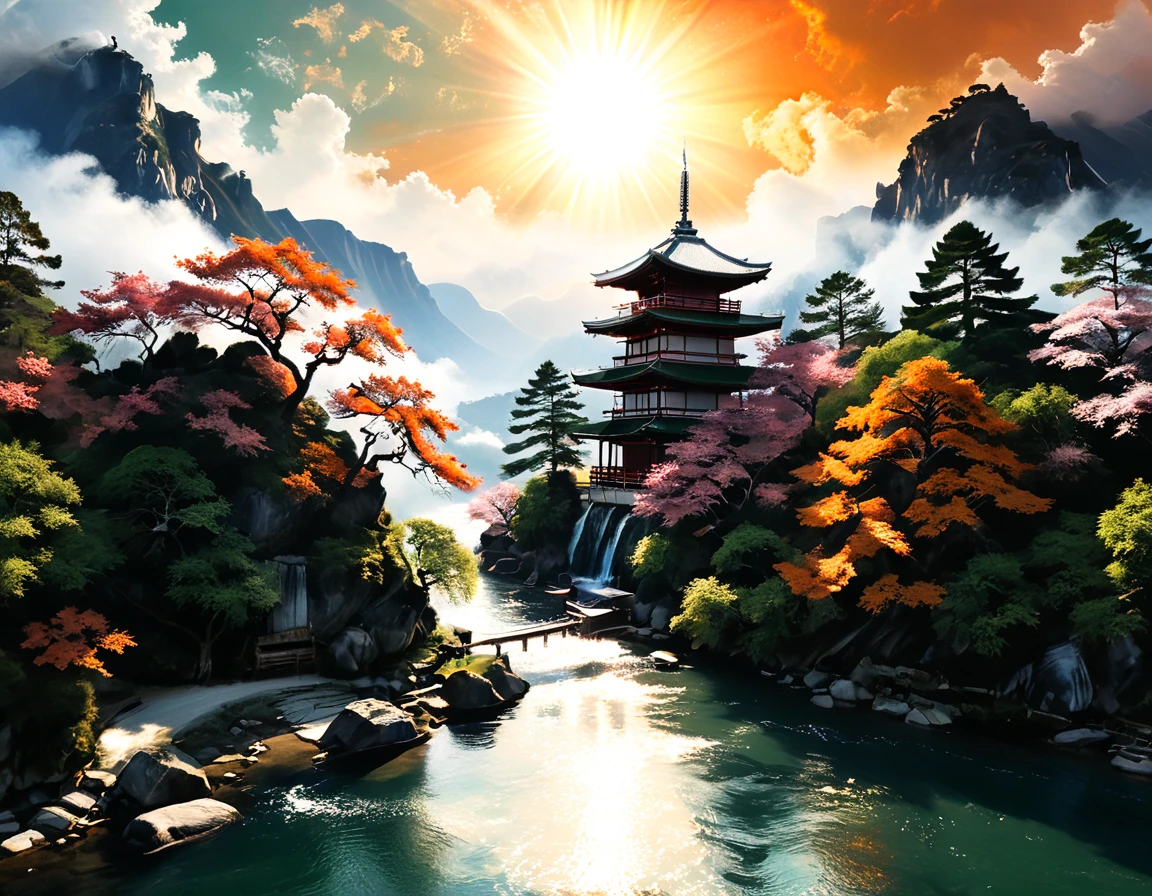 a National Geographic picture of dark Japanese medieval temple, as the sun (rises in the horizon: 1.1), it sits on the bank of a river near surrounded by cherry trees, almond trees, Japanese maple trees, (all trees in many colorful shades of green, red, pin, orange: 1.5) ((all scenery is reflected in the river: 1.5)), an epic ancient Japanese medieval temple, ancient and epic in its majestic antiquity, a sense of serenity, tranquility, divine rays, some clouds, sun rays, (highest quality:1.2, Very detailed, up to date, Vibrant, Ultra-high resolution, High Contrast, masterpiece:1.2, highest quality, Best aesthetics), best details, best quality, highres, ultra wide angle, 16k, [ultra detailed], masterpiece, best quality, (extremely detailed: 1.5), Cinematic Hollywood Film, RagingNebula