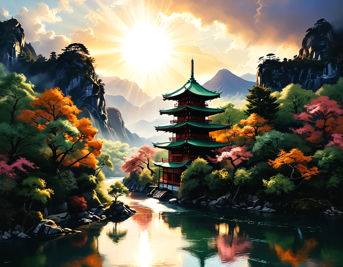 a National Geographic picture of dark Japanese medieval temple, as the sun (rises in the horizon: 1.1), it sits on the bank of a river near surrounded by cherry trees, almond trees, Japanese maple trees, (all trees in many colorful shades of green, red, pin, orange: 1.5) ((all scenery is reflected in the river: 1.5)), an epic ancient Japanese medieval temple, ancient and epic in its majestic antiquity, a sense of serenity, tranquility, divine rays, some clouds, sun rays, (highest quality:1.2, Very detailed, up to date, Vibrant, Ultra-high resolution, High Contrast, masterpiece:1.2, highest quality, Best aesthetics), best details, best quality, highres, ultra wide angle, 16k, [ultra detailed], masterpiece, best quality, (extremely detailed: 1.5), Cinematic Hollywood Film, RagingNebula