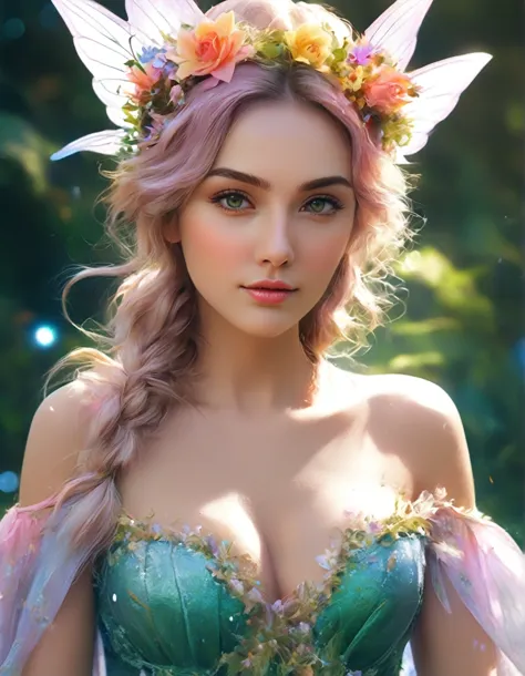 a woman in a green dress with a flower crown on her head, beautiful fantasy portrait, digital fantasy art ), beautiful fantasy a...