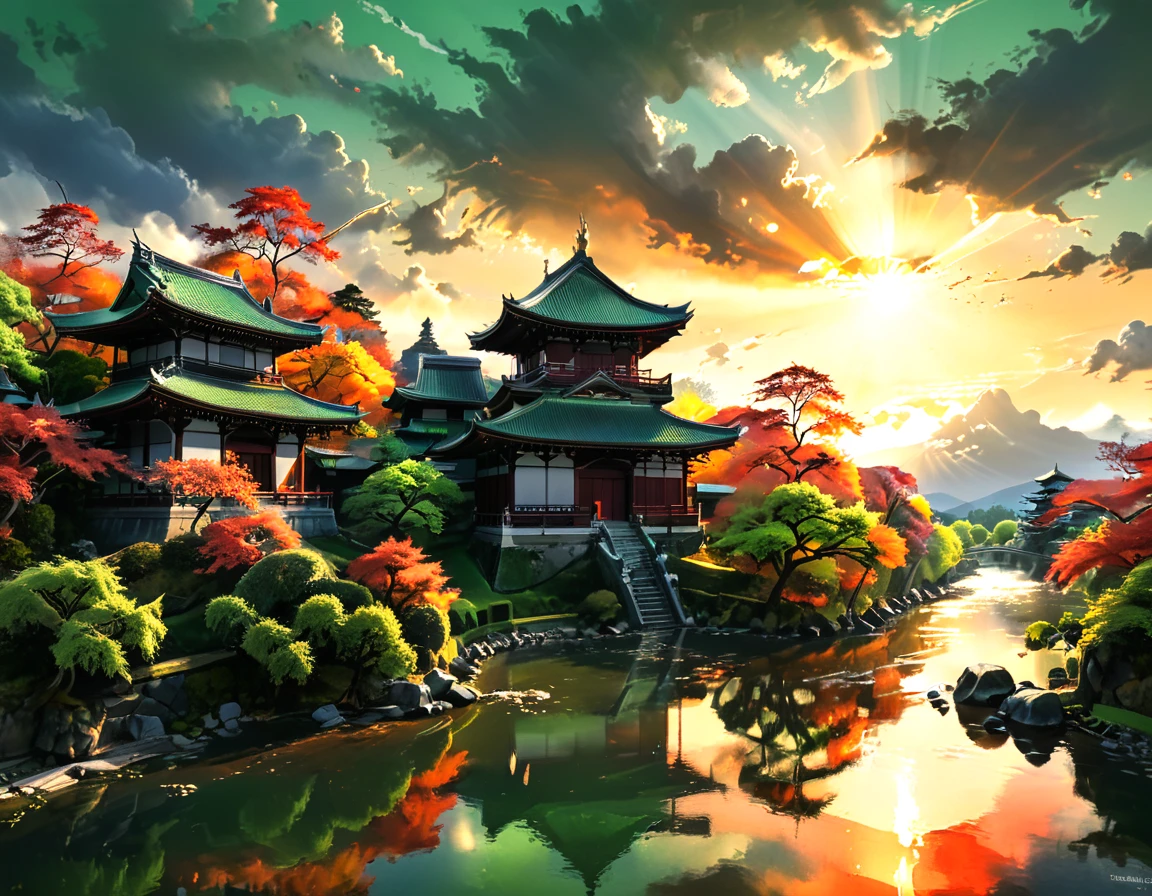 a National Geographic picture of dark Japanese medieval temple, as the sun (rises in the horizon: 1.1), it sits on the bank of a river near surrounded by cherry trees, almond trees, Japanese maple trees, (all trees in many colorful shades of green, red, pin, orange: 1.5) ((all scenery is reflected in the river: 1.5)), an epic ancient Japanese medieval temple, ancient and epic in its majestic antiquity, a sense of serenity, tranquility, divine rays, some clouds, sun rays, (highest quality:1.2, Very detailed, up to date, Vibrant, Ultra-high resolution, High Contrast, masterpiece:1.2, highest quality, Best aesthetics), best details, best quality, highres, ultra wide angle, 16k, [ultra detailed], masterpiece, best quality, (extremely detailed: 1.5), Cinematic Hollywood Film, RagingNebula