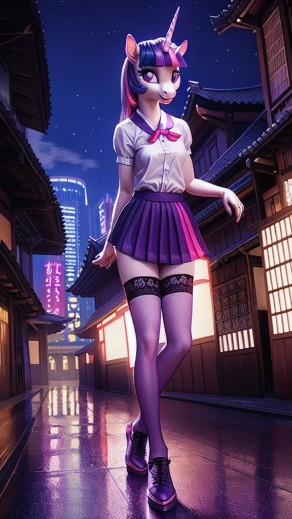 um lindo antro unicórnio Twilight Sparkle, mãos e pés humanos detalhados, meias e sapatos detalhados, Uniforme de menina da escola japonesa, posando em uma paisagem urbana realista de Tóquio, Japão, cores vibrantes, detalhe intrincado, 8K, fotorrealista, iluminação cinematográfica, fantasia, mágico, kawaii, pônei antro unicórnio