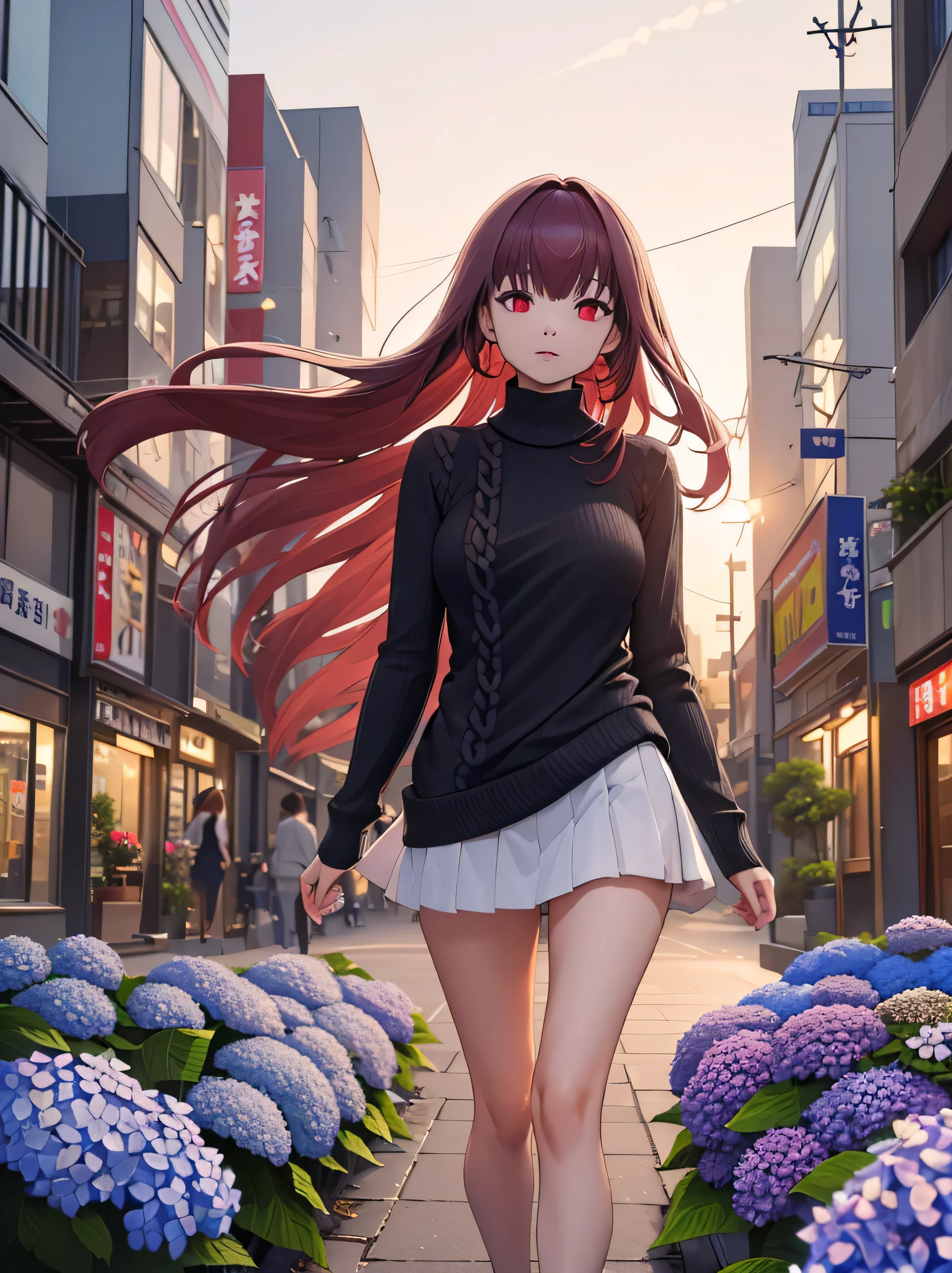 ((absurdres)), hd, uhd, (((HDR))), ((best quality)), (ultra high quality), (hi-res), ((1girl)), solo, alone, ((adult, woman)), scathach, long hair, ((maroon hair)), (red eyes:1.5), ((violet colored inner hair)), ((medium breasts)), long sleeves, ribbed sweater, sweater, turtleneck, turtleneck sweater, (black sweater:1.5), black mini skirt, lips slightly parted, stern expression, facing viewer, ((dynamic)), one leg behind, japan, outside, buildings, standing in a neighborhood street, hydrangea, night time, additional lighting, moon, city scenery, hydrangea garden