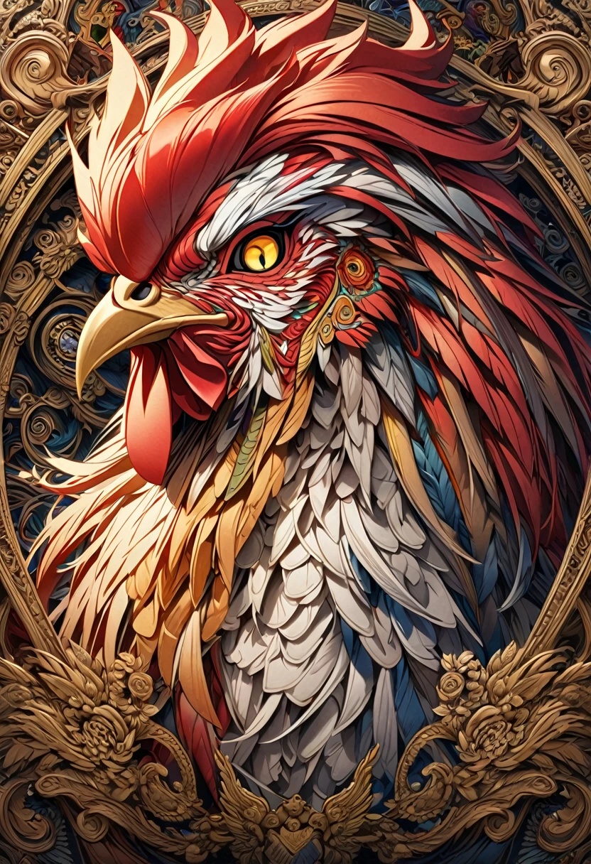 a drawing of a rooster with a flower pattern on its face, Highly detailed and hypnotic, hyper detailed rooster - like face, goldenrooster, incredibly intricate, he has yellow rooster eyes, Intricately detailed fur, gallo, Intricate artwork, Highly detailed 4k art, great rooster, Highly detailed 4k art., Highly detailed symmetry, intricate detailed 4k, rooster and his treasures