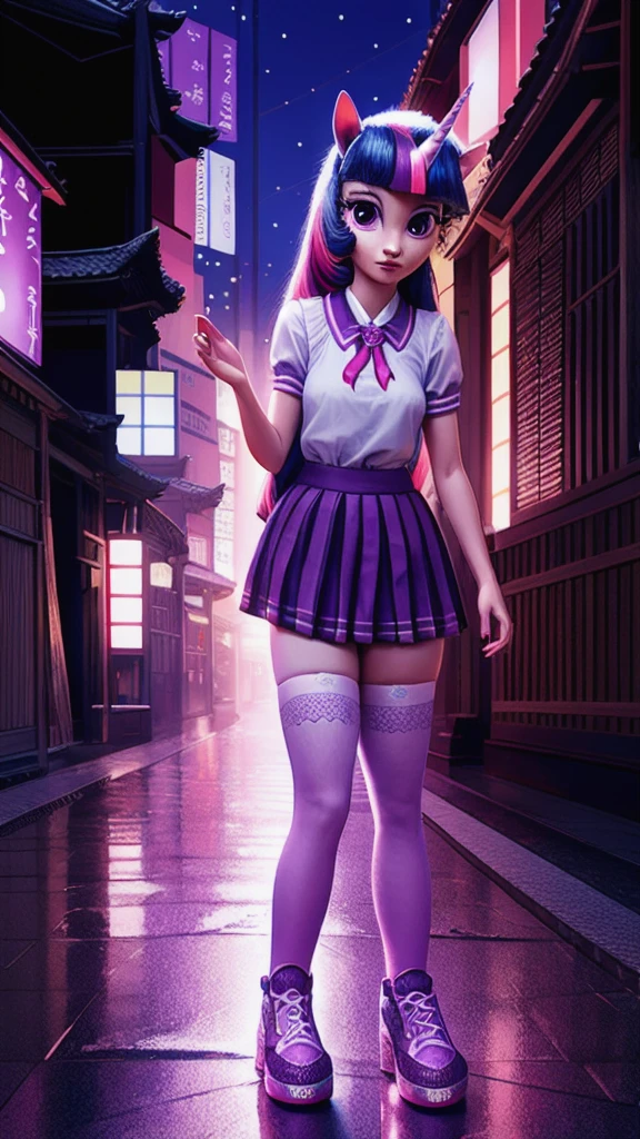 ein wunderschönes anthropomorphes Einhorn Twilight Sparkle, detaillierte menschliche Hände und Füße, detaillierte Strümpfe und Schuhe, Japanische Schulmädchenuniform, Posieren in einer realistischen Stadtlandschaft von Tokio, Japan, leuchtende Farben, komplizierte Details, 8k, fotorealistisch, filmische Beleuchtung, Fantasie, magisch, Kawaii, Anthropomorphes Einhornpony, hellviolettes Fell