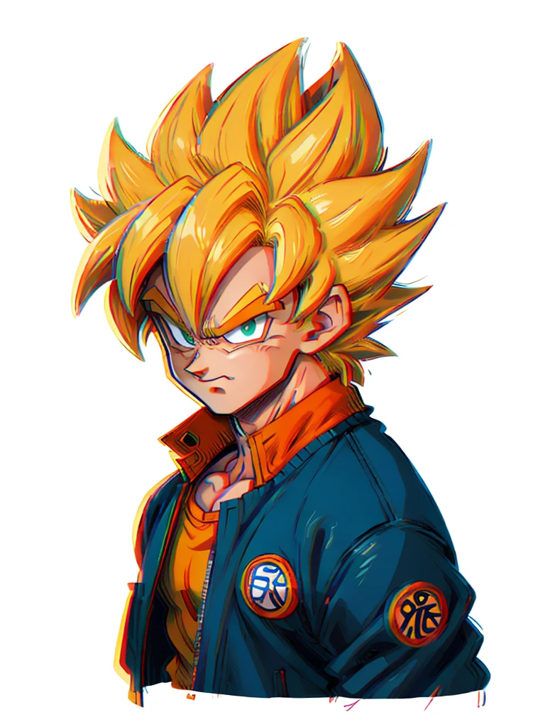 1man, solo, (masterpiece), best quality, ultra-detailed, Son Goku from Dragon Ball Z, super saiyan hair, yellow hair, Retro style, full body. fashion cloth, blue jacket, orange shirt, fancy, portrait, upper body, face detail, eyes detail: 1.3, simple background, green eyes, orange shirt,(white background)
