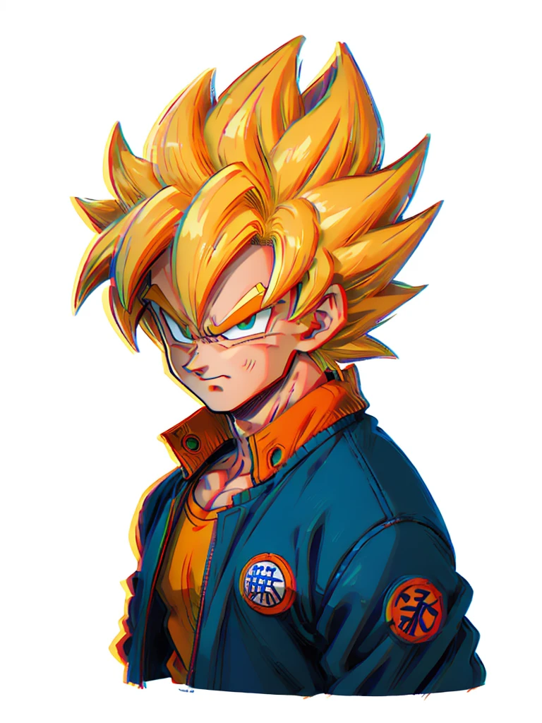 1 hombre, solo, (obra maestra), mejor calidad, ultra detallado, hijo goku de dragon ball z, Cabello Súper Saiyajin, Cabello amarillo, Estilo retro, cuerpo completo. tela de moda, Chaqueta azul, camisa naranja, elegante, Retrato, Parte superior del cuerpo, Detalle de la cara, detalle de ojos: 1.3, fondo sencillo, ojos verdes, camisa naranja,(Fondo blanco)
