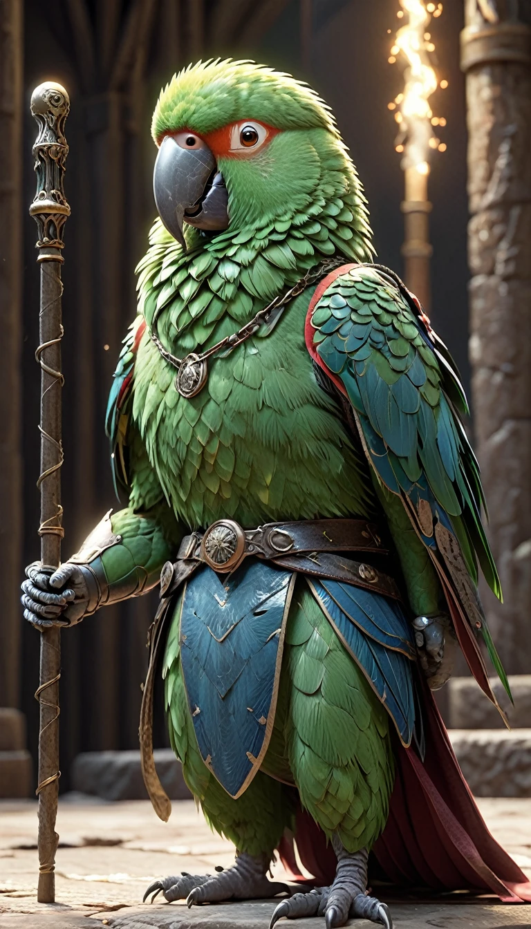 (Parrot Wizard，whole body, magic circle，Carrying a walking stick, wizard dressを着ている), Dungeon Background, High resolution, masterpiece, Highest quality, Super detailed, Super detailed, Ultra-realistic,
 Hong Kong Style, 3D Fluffy, Cute and adorable close-ups, Cute big round reflective eyes, Long fuzzy fur, Pixar Rendering, unreal engine Cinematic smooth, Exquisite detail, Cinematic