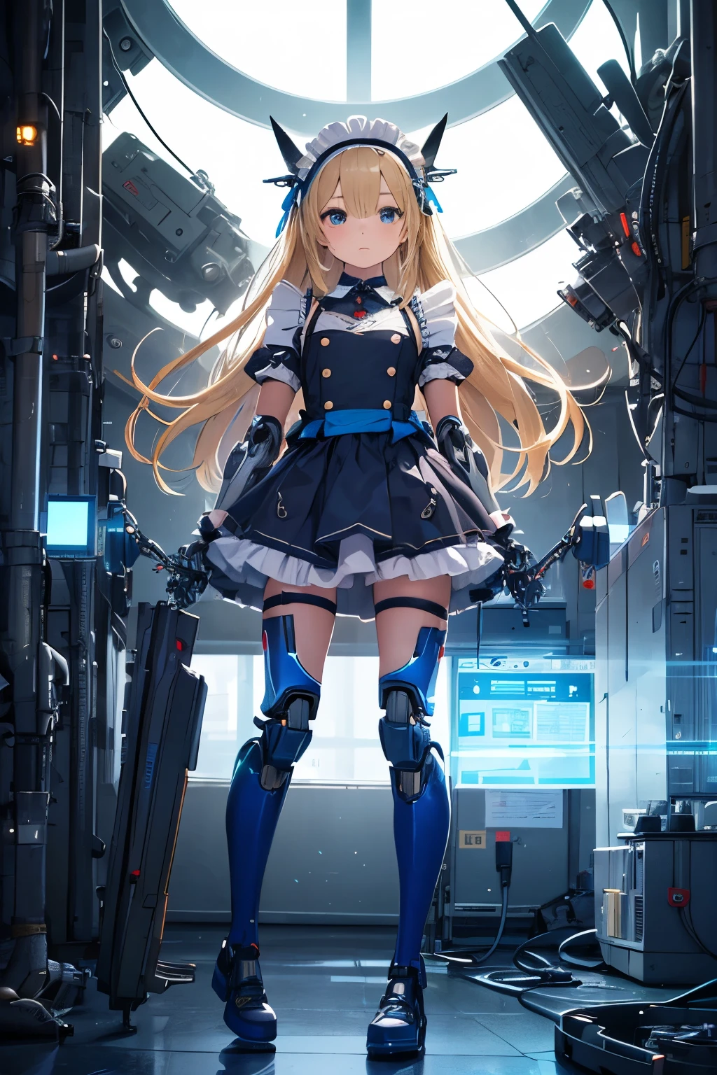   girl ,girl 12 year old  , mechanical face , futuristic maid dress ,flat  chest ,long blonde hair frinje ,(loli body), mechanic-headband, blue leds ,blue  light auréola,   quality, 8k ,maid uniform , Cyborg arms. Mechanical Limbs Metal,  Mechanical legs .Power cablles conected in machine. Circuitos. 