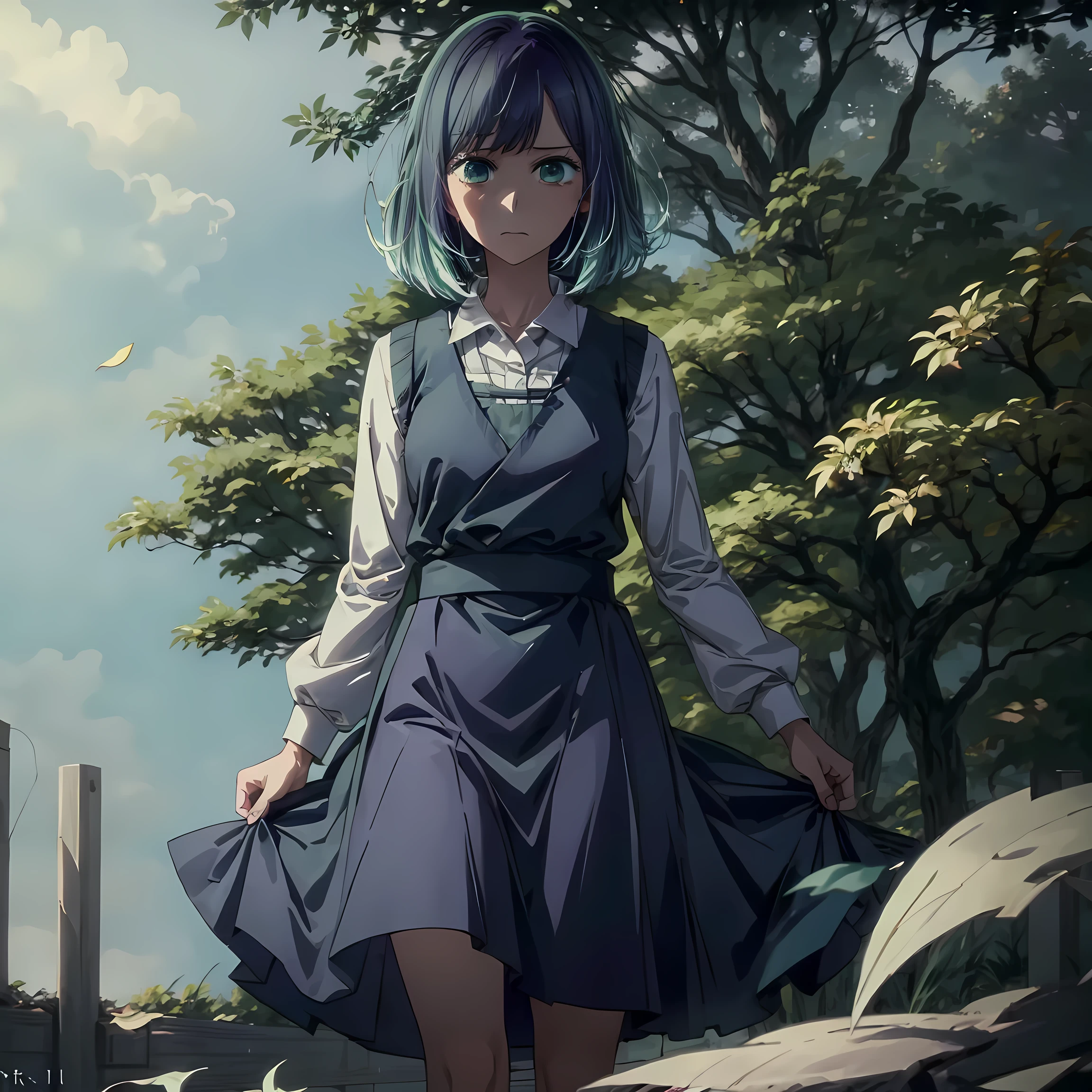 (high detail:1.2)Anime girl,(cinematic lighting,Delicate colors),(Falling leaves:1.2),Calm lighting, wind, fog. turquoise, delta shadows. flag of discord, tall body, tall, long legs, mature woman, mature, adult, , eft_oshi_akane, alone, 1 girl, blue hair, looking at viewer, medium hair, bangs, closed mouth, green eyes, multicolored hair, short hair, faded hair, blue eyes, more details XL