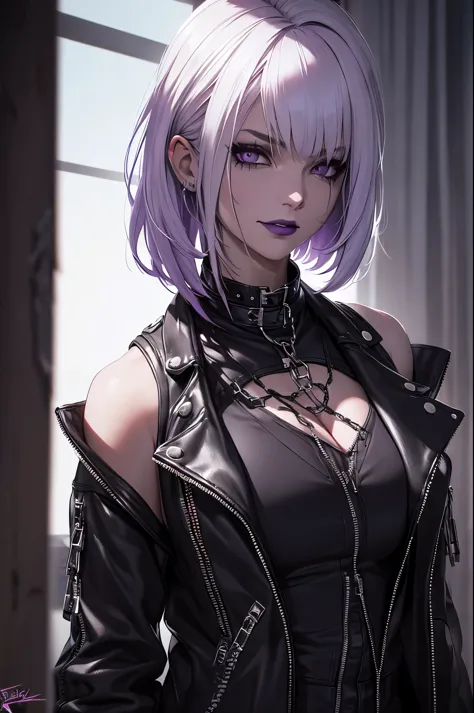 a punk girl, student, hooligan, short messy white hair, purple eyes, black punk clothes, punk, chains, black sleeveless top, bag...