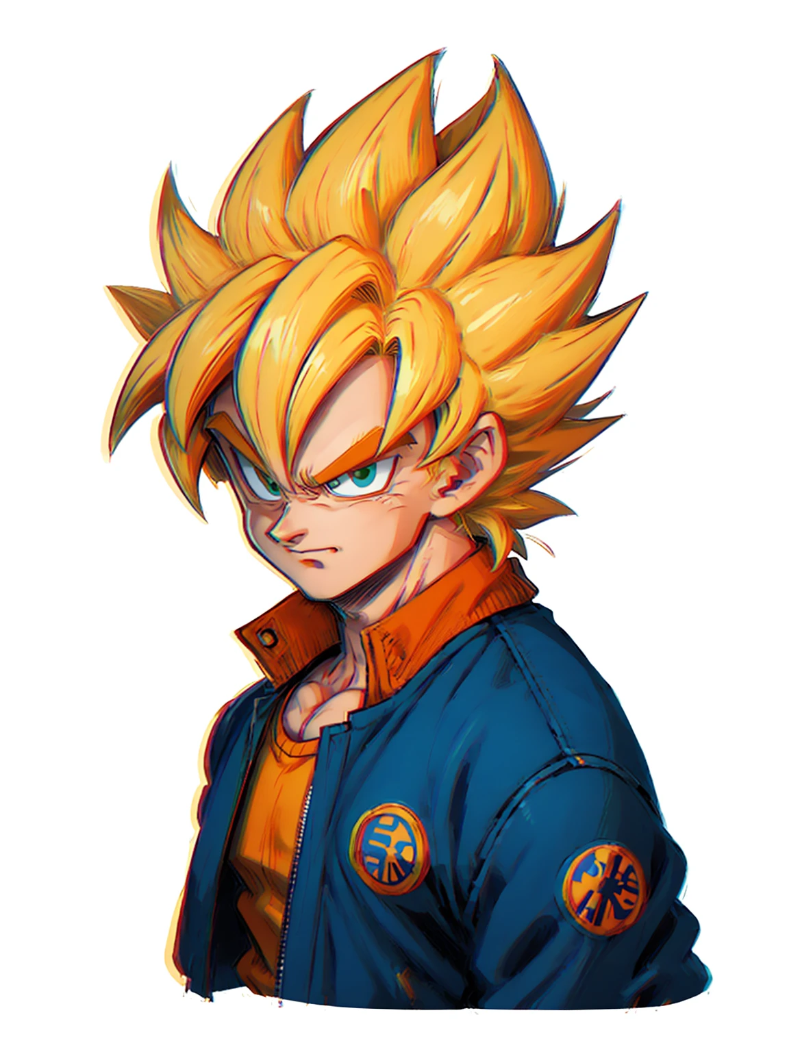 1 Mann, Allein, (Meisterwerk), beste Qualität, ultra-detailliert, Son Goku from Dragon Ball Z, Super Saiyajin-Haar, gelbes Haar, Retro-Stil, Ganzkörper. mode tuch, blaue Jacke, orange shirt, Schick, Porträt, Oberkörper, Gesichtsdetail, Augendetail: 1.3, Einfacher Hintergrund, grüne Augen, orange shirt,(weißer Hintergrund)