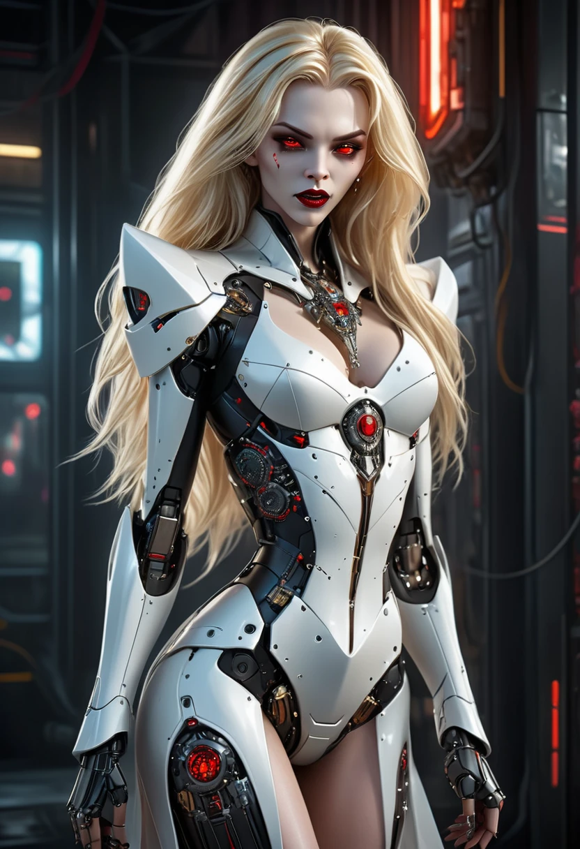 ((ein fotorealistischer Glamour-Shot eines exquisiten, Glamour Mecha weiblicher Vampir: 1.5)), ((Ganzkörper: 1.3)), ultrafeminin, blasses Gesicht, goldenes Haar, langes, lebendiges, glänzendes Haar, glamouröses Haar,  rote Augen, Miniaturen mechanisch , tief durchdringende Augen, rote Lippen, lüsterne Lippen, ((zwei sichtbare Vampirzähne: 1.5), Blutstropfen tropfen aus dem Mund, ((cyberpunk style: 1.5)), Sie trägt (weißes elegantes Glamourkleid, mit kleinen empfindlichen mechanischen Teilen: 1.4), digitale Teile,  komplizierte Details, das Kleid ist mit Diamanten besetzt, engen anzug, Dynamische Farbe, High Heels, Cyberpunk-Straße bei Nacht-Hintergrund, (höchste Qualität:1.2, Sehr detailiert, auf dem Laufenden, beschwingt, ultrahohe Auflösung, Hoher Kontrast, Meisterwerk:1.2, höchste Qualität, Beste Ästhetik), beste Details, beste Qualität, highres, Ultraweitwinkel, 16k, [Extrem detailliert], Meisterwerk, beste Qualität, (Extrem detailliert), genmanipuliert..., Kinoreifer Hollywoodfilm, nijiMecha, aetherpunkai