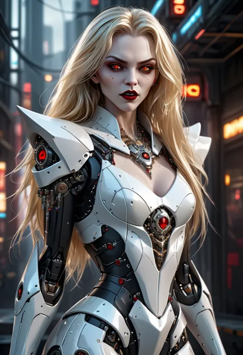 ((a photorealistic glamour shot of an exquisite, glamour mecha female vampire: 1.5)), ((full body: 1.3)), ultra feminine, pale f...