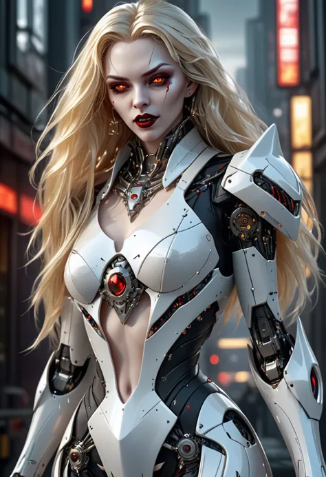 ((a photorealistic glamour shot of an exquisite, glamour mecha female vampire: 1.5)), ((full body: 1.3)), ultra feminine, pale f...