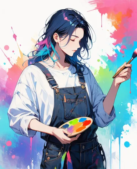 (work of art, better quality:1.2), 1 man, alone, wearing stained overalls., with brush and palette in hand. short, colorful and ...