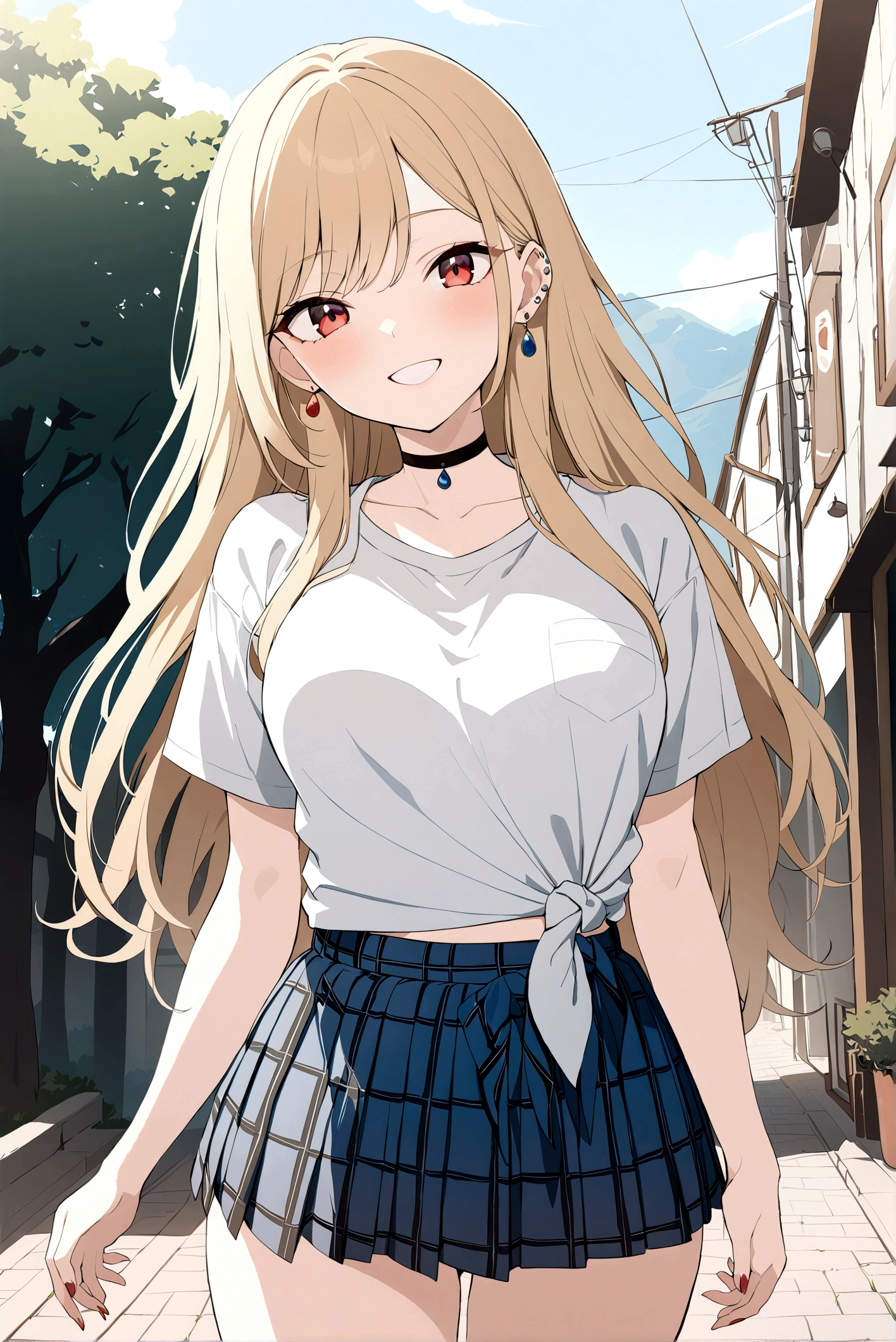 masterpiece, best quality, highres, kitagawa marin, 1girl, blonde hair, long hair, multicolored hair, red eyes, jewelry, earrings, piercing, , white shirt, tied shirt, black choker, blue necktie, plaid skirt, grin, smile, standing, cowboy shot, outdoors,