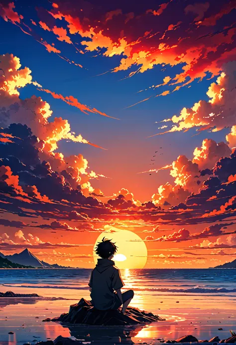 anime landscape of a boy sitting near the shore of a sea with, sunset with orange and red hellish clouds, anime nature wallpaper...