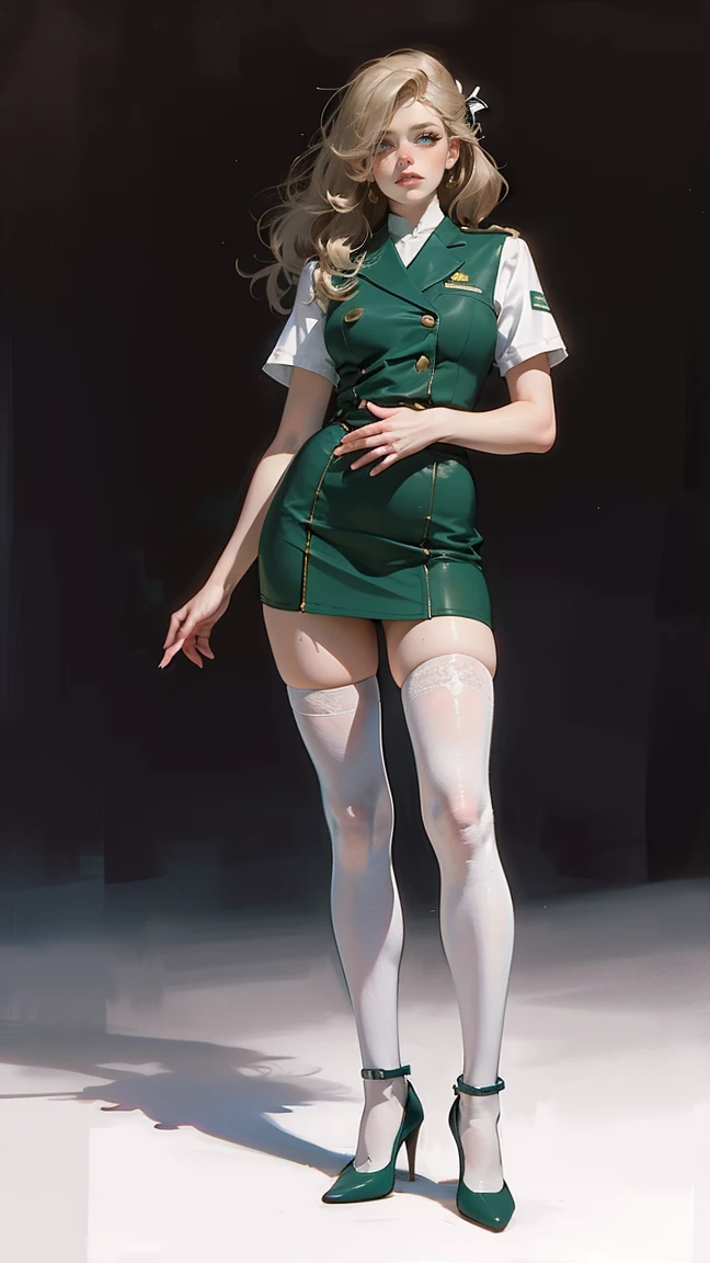 (((full body photo))) ((Masterpiece, highres)), 2girls, duo, twins, ((one brown haired girl, one blonde girl)), long hair, curly hair, matching hairstyles, different hair color, confident, elegant, (((matching outfits, matching uniforms, green uniforms, white thighhighs, long white socks, black high heels))), standing at attention, shoulder to shoulder, same pose, mansion, RETRO ARTSTYLE, 1990S (STYLE)