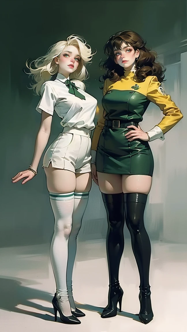 (((full body photo))) ((Masterpiece, highres)), 2girls, duo, twins, ((one brown haired girl, one blonde girl)), long hair, curly hair, matching hairstyles, different hair color, confident, elegant, (((matching outfits, matching uniforms, green uniforms, white thighhighs, long white socks, black high heels))), standing at attention, shoulder to shoulder, same pose, mansion, RETRO ARTSTYLE, 1990S (STYLE)