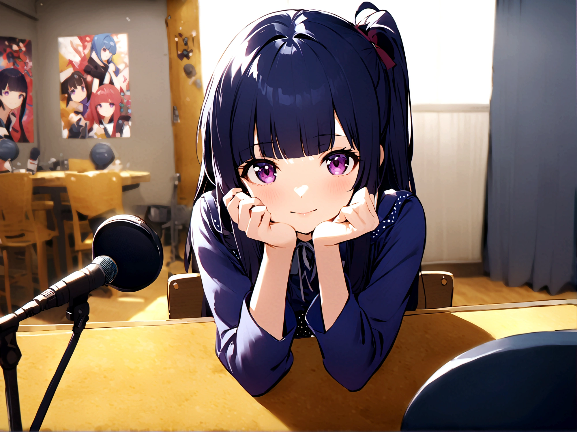 One Girl, alone, Full author, cute, Blue Hair, Purple eyes, Long Hair, blunt bangs, bangs, looking at viewer, shirt, long sleeves, sitting, indoors, blurry, blurry background, chair, table, microphone