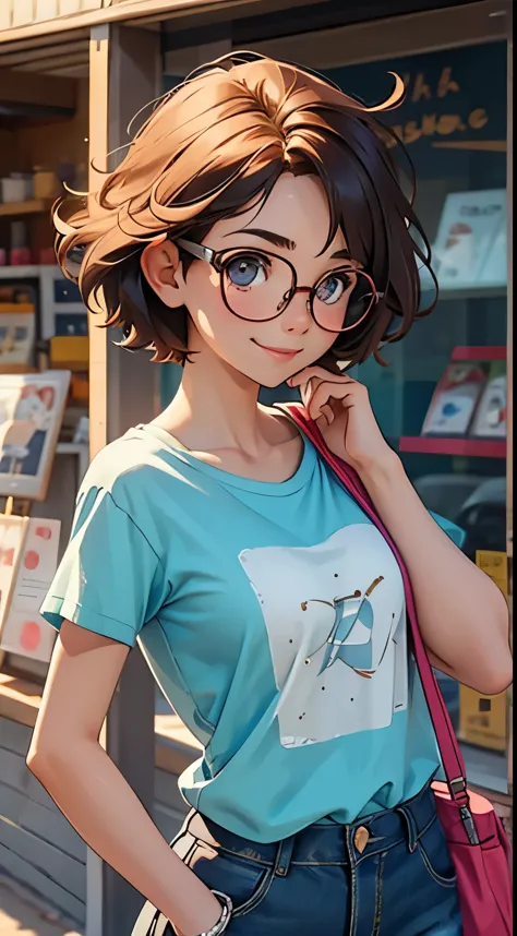 woman, young, shop,summer, t-shirts，,blowing wind, flowing hair, smile, glasses, short hair