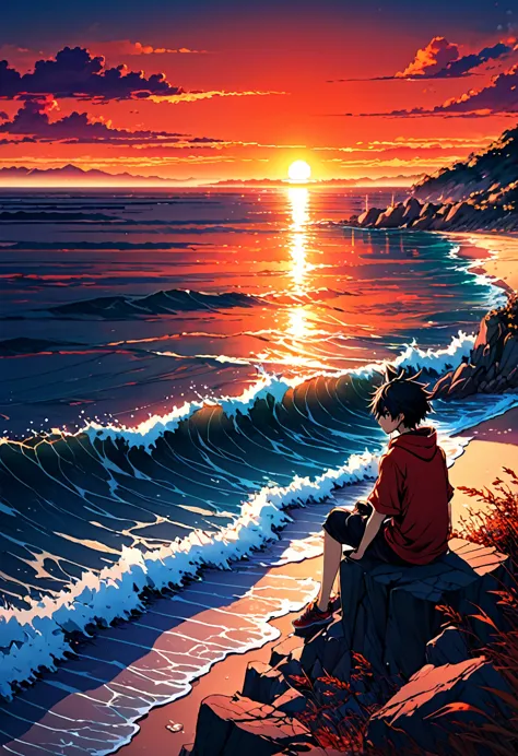 anime landscape of a boy sitting near the shore of a sea with, hellish orange and red sunset,vasto cielo sereno anime nature wal...