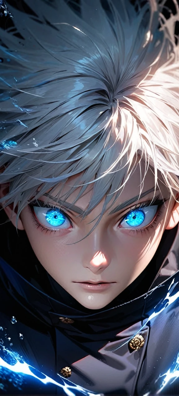  High quality, ultra realistic,absurdres, highres, ultra detailed, HDR, masterpiece, extremely detailed face and eyes,  Gojo satoru , jujutsu kaisen,, white hair ,black shirt , solo, ,man, handsome, ,white eyeleshes, blue eyes , Epic fight scene, blue splashing effect,blue lightning  effect,glowing glitters , close up,cool eyes, symetrical 