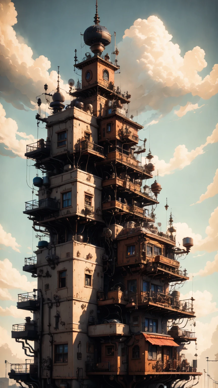 une ville dans un monde steampunk, engrenages, tuyaux, mécanismes d&#39;horlogerie, architecture victorienne, dirigeables, chapeaux haut-de-forme, monocles, laiton, cuivre, puissance de la vapeur, technologie futuriste, révolution industrielle, rouages, vannes, des lunettes de protection, cuir, plates-formes aéroportées, îles flottantes, Créatures mécaniques, (Meilleure qualité,8k,haute résolution,chef-d&#39;œuvre:1.2),ultra-détaillé,(Réaliste,photoRéaliste,photo-Réaliste:1.37),détails complexes,Éclairage cinématographique,ombres dramatiques,palette de couleurs chaudes,clair-obscur,Tonalités sourdes,horizon de mauvaise humeur,structures imposantes,rues sinueuses,merveilles mécaniques