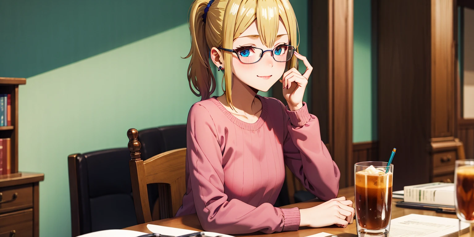 anatomically correct, best quality, masterpiece, high quality, high details, highres, HD, (shaded face:1.2), hollow eyes, dark-blue eyes, looking at viewer, seductive smile, glasses, lips, aihayasakav4, blonde hair, side ponytail, scrunchie, solo, blurry, 1girl, depth_of_field, earrings, blurry_background, small breasts, jewelry, bookshelf, red_eyes, indoors, table, sweater, solo, small_breasts, looking_at_viewer, blurry_foreground, long_sleeves, closed_mouth, bangs, blush, pantyhose, hand_on_own_cheek, sidelocks, breast_rest, ribbed_sweate, 15 years old, teen , 