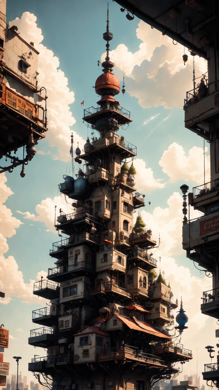 une ville dans un monde steampunk, engrenages, tuyaux, mécanismes d&#39;horlogerie, architecture victorienne, dirigeables, chapeaux haut-de-forme, monocles, laiton, cuivre, puissance de la vapeur, technologie futuriste, révolution industrielle, rouages, vannes, des lunettes de protection, cuir, plates-formes aéroportées, îles flottantes, Créatures mécaniques, (Meilleure qualité,8k,haute résolution,chef-d&#39;œuvre:1.2),ultra-détaillé,(Réaliste,photoRéaliste,photo-Réaliste:1.37),détails complexes,Éclairage cinématographique,ombres dramatiques,palette de couleurs chaudes,clair-obscur,Tonalités sourdes,horizon de mauvaise humeur,structures imposantes,rues sinueuses,merveilles mécaniques