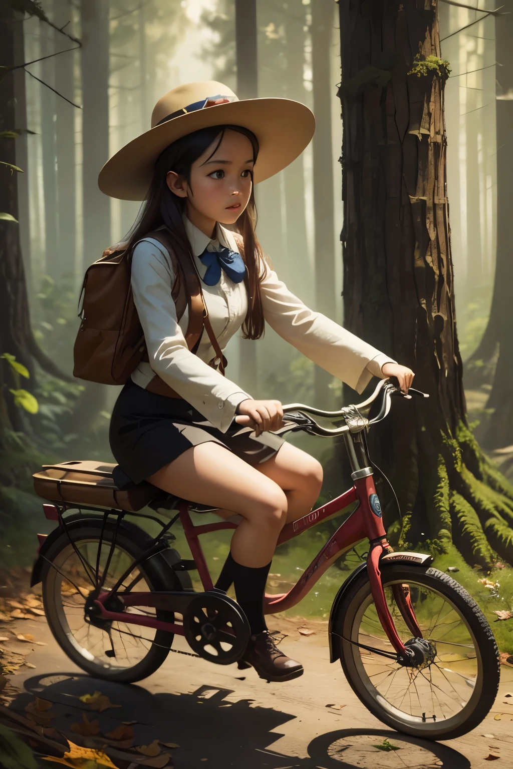 Нео-сюрреализм, магический реализм причудливое искусство, поп-сюрреализм, причудливое искусство. Создайте иллюстрацию картины девушки в шляпе, едущей на старомодном велосипеде по волшебному лесу.